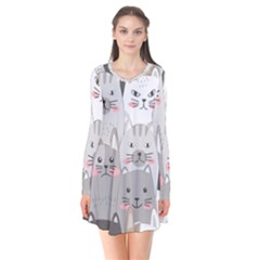 Cute Cats Seamless Pattern Long Sleeve V-neck Flare Dress by Wav3s