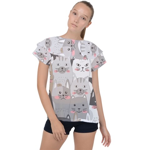 Cute Cats Seamless Pattern Ruffle Collar Chiffon Blouse by Wav3s