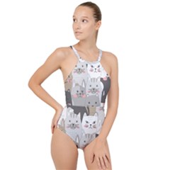 Cute Cats Seamless Pattern High Neck One Piece Swimsuit by Wav3s