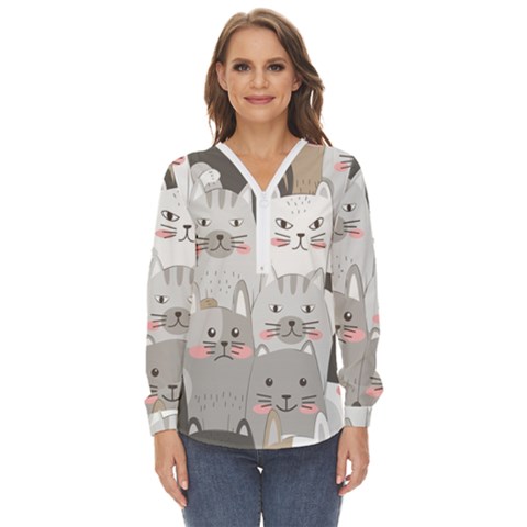 Cute Cats Seamless Pattern Zip Up Long Sleeve Blouse by Wav3s