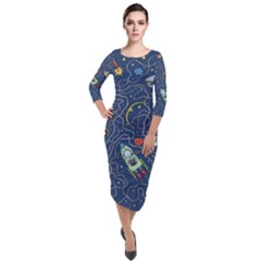 Cat-cosmos-cosmonaut-rocket Quarter Sleeve Midi Velour Bodycon Dress by Wav3s