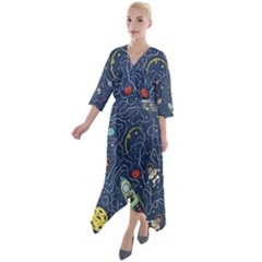 Cat-cosmos-cosmonaut-rocket Quarter Sleeve Wrap Front Maxi Dress by Wav3s