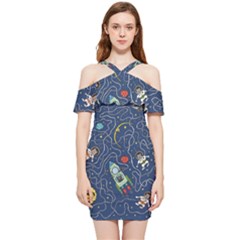 Cat-cosmos-cosmonaut-rocket Shoulder Frill Bodycon Summer Dress by Wav3s