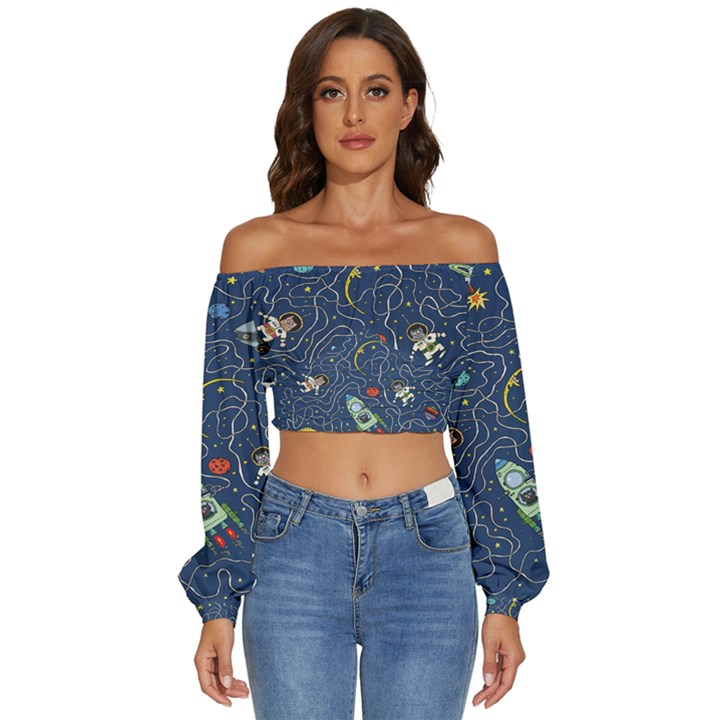 Cat-cosmos-cosmonaut-rocket Long Sleeve Crinkled Weave Crop Top