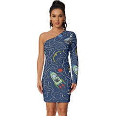 Cat-cosmos-cosmonaut-rocket Long Sleeve One Shoulder Mini Dress by Wav3s