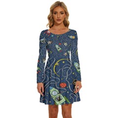 Cat-cosmos-cosmonaut-rocket Long Sleeve Wide Neck Velvet Dress by Wav3s