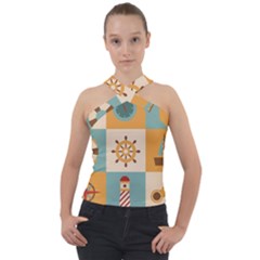 Nautical-elements-collection Cross Neck Velour Top by Wav3s