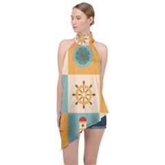 Nautical-elements-collection Halter Asymmetric Satin Top by Wav3s