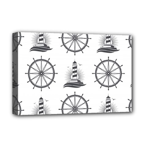 Marine-nautical-seamless-pattern-with-vintage-lighthouse-wheel Deluxe Canvas 18  X 12  (stretched) by Wav3s