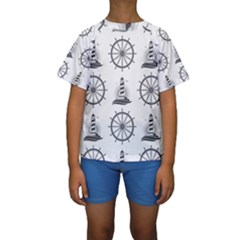 Marine-nautical-seamless-pattern-with-vintage-lighthouse-wheel Kids  Short Sleeve Swimwear by Wav3s