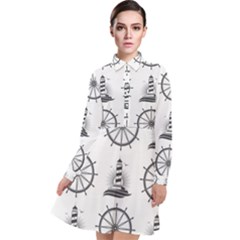 Marine-nautical-seamless-pattern-with-vintage-lighthouse-wheel Long Sleeve Chiffon Shirt Dress by Wav3s