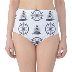 Marine-nautical-seamless-pattern-with-vintage-lighthouse-wheel Classic High-waist Bikini Bottoms by Wav3s