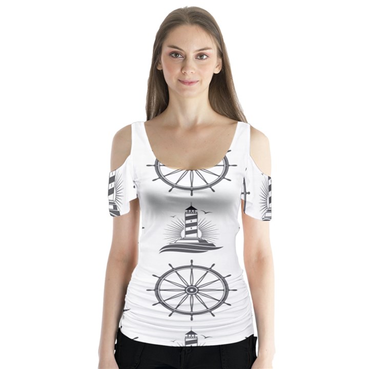 Marine-nautical-seamless-pattern-with-vintage-lighthouse-wheel Butterfly Sleeve Cutout Tee 