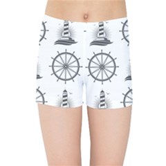 Marine-nautical-seamless-pattern-with-vintage-lighthouse-wheel Kids  Sports Shorts by Wav3s