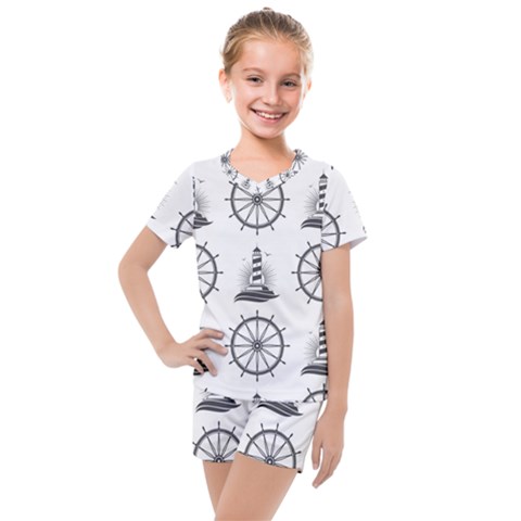 Marine-nautical-seamless-pattern-with-vintage-lighthouse-wheel Kids  Mesh Tee And Shorts Set by Wav3s