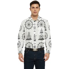 Marine-nautical-seamless-pattern-with-vintage-lighthouse-wheel Men s Long Sleeve Pocket Shirt  by Wav3s