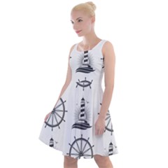 Marine-nautical-seamless-pattern-with-vintage-lighthouse-wheel Knee Length Skater Dress by Wav3s