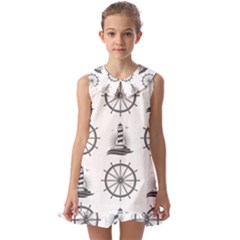 Marine-nautical-seamless-pattern-with-vintage-lighthouse-wheel Kids  Pilgrim Collar Ruffle Hem Dress by Wav3s