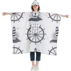 Marine-nautical-seamless-pattern-with-vintage-lighthouse-wheel Women s Hooded Rain Ponchos by Wav3s