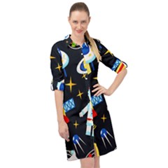 Space Seamless Pattern Long Sleeve Mini Shirt Dress by Wav3s