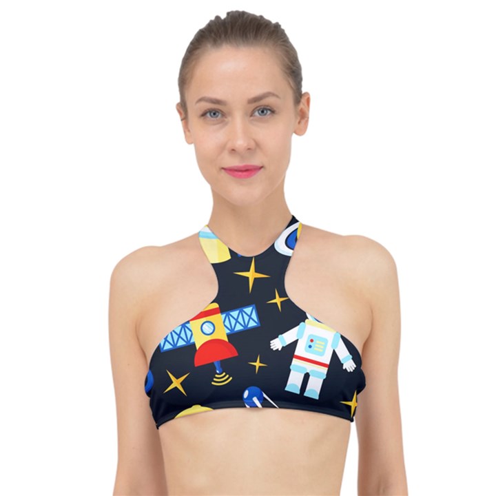 Space Seamless Pattern High Neck Bikini Top