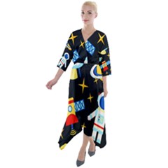 Space Seamless Pattern Quarter Sleeve Wrap Front Maxi Dress by Wav3s