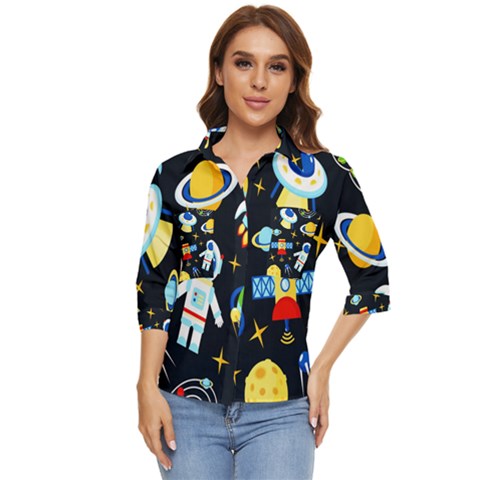 Space Seamless Pattern Women s Quarter Sleeve Pocket Shirt by Wav3s