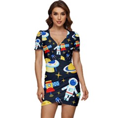 Space Seamless Pattern Low Cut Cap Sleeve Mini Dress by Wav3s