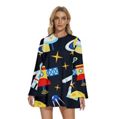 Space Seamless Pattern Round Neck Long Sleeve Bohemian Style Chiffon Mini Dress by Wav3s