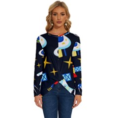 Space Seamless Pattern Long Sleeve Crew Neck Pullover Top by Wav3s