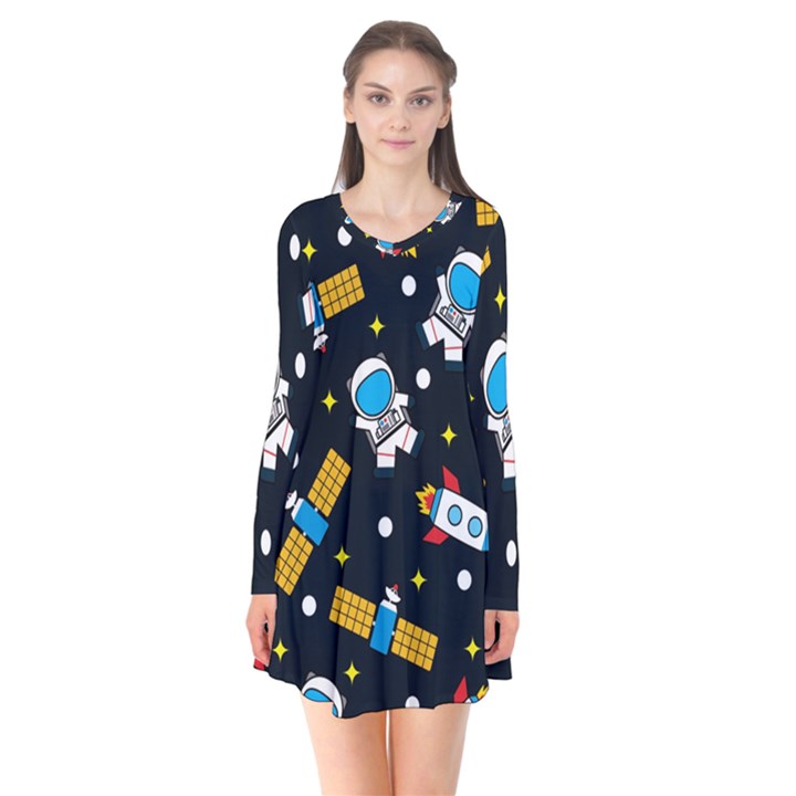 Seamless-adventure-space-vector-pattern-background Long Sleeve V-neck Flare Dress