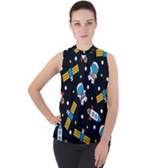 Seamless-adventure-space-vector-pattern-background Mock Neck Chiffon Sleeveless Top by Wav3s