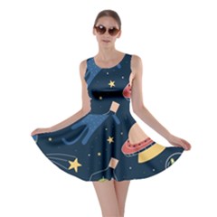 Seamless-pattern-with-funny-aliens-cat-galaxy Skater Dress by Wav3s