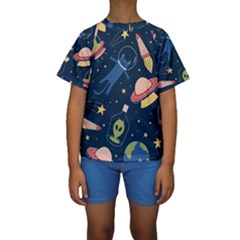 Seamless-pattern-with-funny-aliens-cat-galaxy Kids  Short Sleeve Swimwear by Wav3s