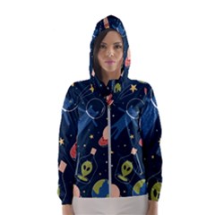 Seamless-pattern-with-funny-aliens-cat-galaxy Women s Hooded Windbreaker by Wav3s