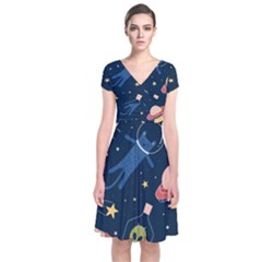 Seamless-pattern-with-funny-aliens-cat-galaxy Short Sleeve Front Wrap Dress by Wav3s