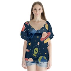 Seamless-pattern-with-funny-aliens-cat-galaxy V-neck Flutter Sleeve Top