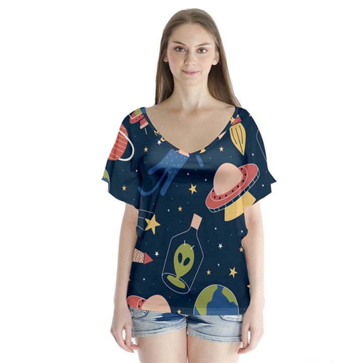 Seamless-pattern-with-funny-aliens-cat-galaxy V-Neck Flutter Sleeve Top