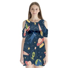 Seamless-pattern-with-funny-aliens-cat-galaxy Shoulder Cutout Velvet One Piece