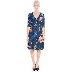 Seamless-pattern-with-funny-aliens-cat-galaxy Wrap Up Cocktail Dress by Wav3s