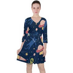 Seamless-pattern-with-funny-aliens-cat-galaxy Quarter Sleeve Ruffle Waist Dress