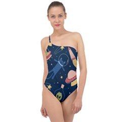 Seamless-pattern-with-funny-aliens-cat-galaxy Classic One Shoulder Swimsuit by Wav3s