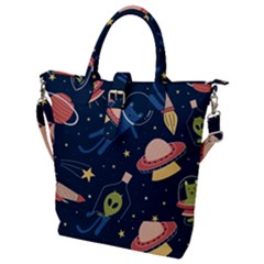 Seamless-pattern-with-funny-aliens-cat-galaxy Buckle Top Tote Bag by Wav3s