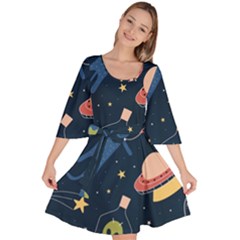 Seamless-pattern-with-funny-aliens-cat-galaxy Velour Kimono Dress by Wav3s