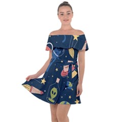 Seamless-pattern-with-funny-aliens-cat-galaxy Off Shoulder Velour Dress by Wav3s