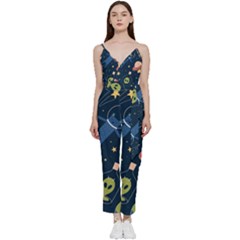 Seamless-pattern-with-funny-aliens-cat-galaxy V-neck Spaghetti Strap Tie Front Jumpsuit by Wav3s