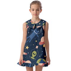 Seamless-pattern-with-funny-aliens-cat-galaxy Kids  Pilgrim Collar Ruffle Hem Dress by Wav3s