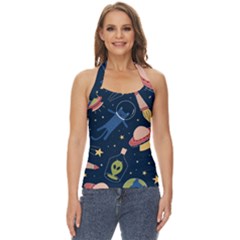 Seamless-pattern-with-funny-aliens-cat-galaxy Basic Halter Top