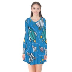 About-space-seamless-pattern Long Sleeve V-neck Flare Dress by Wav3s