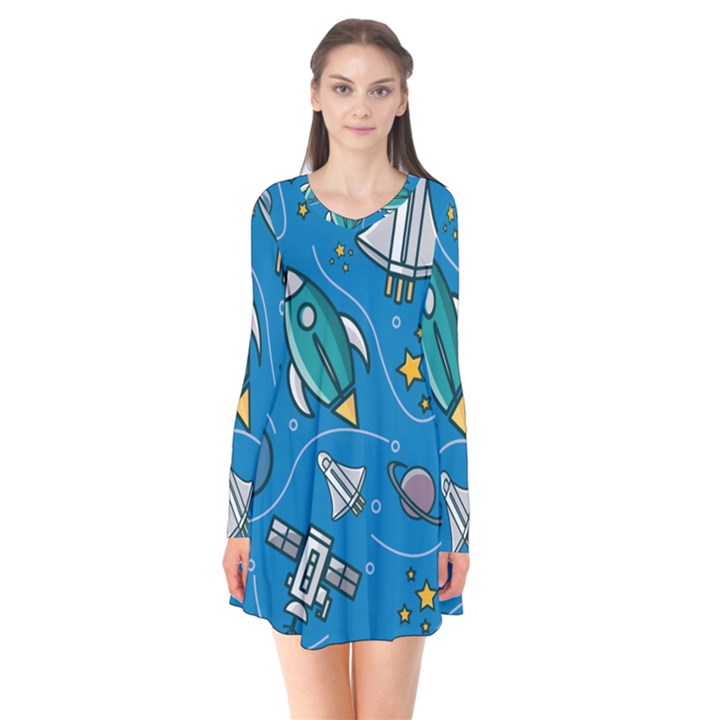 About-space-seamless-pattern Long Sleeve V-neck Flare Dress